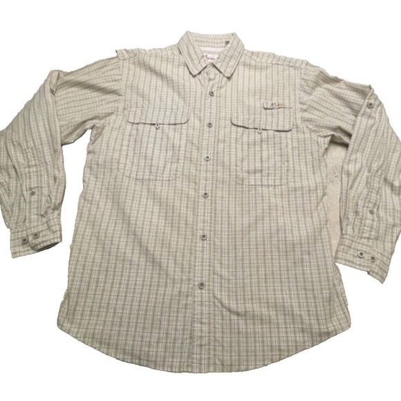 WORLD WIDE SPORTSMAN Mens Long Sleeve Fishing Shirt Plaid Vented Tan/Green M - Picture 1 of 6